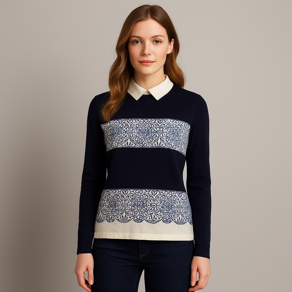 Tory Burch Navy Merino Peter Pan Collar Embroidered Sweater Office Petite S